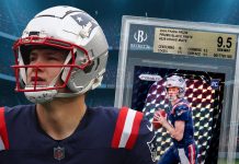 This 2024 Panini Prizm Black Finite Drake Maye 1/1 rookie earned a BGS Gem Mint 9.5 (True Gem+) and later sold for $109,800, marking the most expensive Maye card to date.