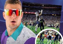 Someone got this Gronk poster signed and authenticated from the last time the patriots played the Seahawks in the Super Bowl ๐