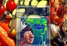 Released in Japan in 2022, โDream Recipe, Remy & Linguiniโ is an SSP (Super Special) stamped-foil chase from the Weiss Schwarz PIXAR CHARACTERS booster set. One collector shows off his Pop 3 #BGSBlackLabel in a creative vegetable-themed photo shoot, a fitting nod to Ratatouille, where perfection in the kitchen mirrors perfection on the slab. ๐๐ง
