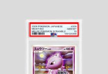 This psychic pairing from Melee! Pokémon Scramble just rumbled up the grading scale for a combined five-figure finish. The angular, cell-shaded artwork gets its look from the video game of the same name. PSA 10 Population ▫ Mew – 128 ▫ Mewtwo
