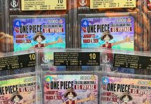 βI picked 11 out of a box of 200 β 3 Black Labels, 7 10s, and 1 9.5.β These Monkey D. Luffy NCAA promo cards were distributed at select college basketball games as part of the College Basketball U.S. Voyage. The collaboration brought together One Piece and NCAA programs through themed in-game experiences, exclusive merchandise, and this event-only collectible featuring Luffy set against manga panel artwork. One collector submitted 11 copies β all earning Gem Mint or better, including multiple Black Labels.