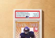 The RB-by-committee approach here is 𝙀𝙇𝙄𝙏𝙀. Passing of the Torch is serialized to 1,500 copies, but only the first 100 are signed by Walter Payton and Barry Sanders. That dual-auto rarity is appreciated by collectors, with PSA 8 examples selling for five figures. pic.