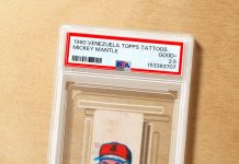 Printed with food coloring by Topps Chewing Gum, Inc., this rare Mickey Mantle Topps Tattoo braved humidity for 66 years. It’s the finest graded example of the three we’ve seen—and we don’t expect to see many more. Given the scarcity of Venezuelan issues, authentic copies have… pic.