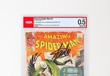 This incomplete PSA 0.5 book doesnโt look like much on the surface, but itโs a grail even in this condition. Featuring first appearances of Vulture and the Terrible Tinkerer, this copy of Spider-Man #2 is even more notable due to the perfect Stan Lee autograph on the cover.
