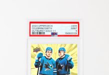 Two apex prospects, one Outburst Gold. This 1-of-1 parallel featuring Macklin Celebrini and Will Smith proves that Sharks do indeed hunt in packs.