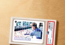 “Bieber Fever” was in full swing when Panini released a 150-card set built around the Canadian YouTube sensation. And from that 2010 set comes this PSA 10 1st Print Autograph, a Pop 1 card of the pop superstar.