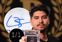 One of Lamine Yamalโs most significant rookie cards: the 2023โ24 Stadium Club Chrome UEFA Champions League Marks of Excellence Black Foil Autograph, numbered 1/1.