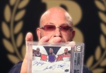 From 2007-08 Upper Deck Exquisite Collection, this Triple Jersey Autographs card pairs jersey swatches from three of basketball’s biggest names with on-card autographs from each. Only three copies were produced. This 2/3 example is graded BGS 8.5 with a 10 auto.