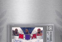 2007-08 Exquisite Collection Triple Autographs Jerseys featuring Michael Jordan, Kobe Bryant and LeBron James. BGS 8.5 / 10 Auto