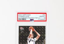 The gauntlet of million-dollar bounties can be traced back to this 1-of-1 card. Graded PSA 10 and inscribed “NBA Debut 10/22/25,β this Autograph FoilFractor was the premier chase of a Topps Now release with a reported print run of 43,182. Pictured on the card is Flagg in his debut jersey. Tucked out of view is the special NBA Debut Patch that it bore. You know the one.